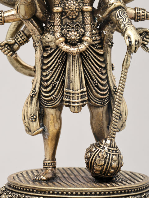 Superfine Ten Armed Panchamukhi Hanuman in Standing Gesture with Wood Base | Brass Sculpture