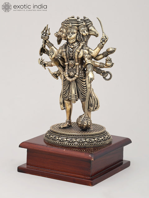 Superfine Ten Armed Panchamukhi Hanuman in Standing Gesture with Wood Base | Brass Sculpture