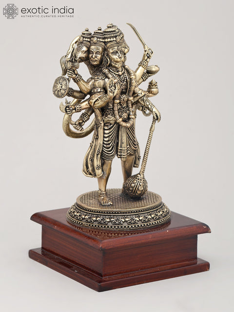 Superfine Ten Armed Panchamukhi Hanuman in Standing Gesture with Wood Base | Brass Sculpture