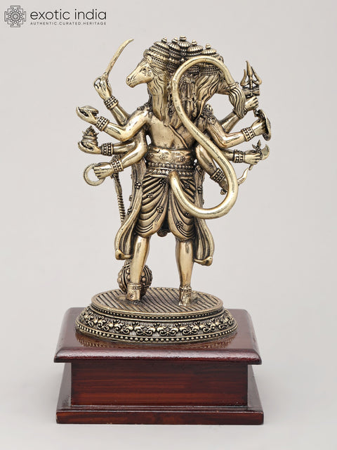 Superfine Ten Armed Panchamukhi Hanuman in Standing Gesture with Wood Base | Brass Sculpture