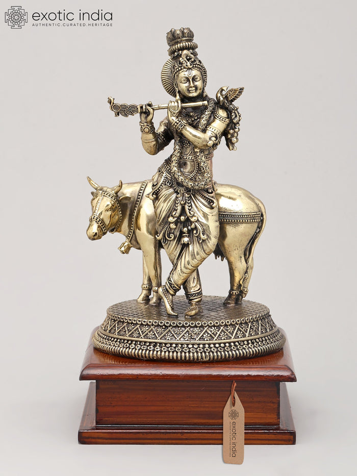 8" Handmade Lord Krishna Brass Idol with Cow and Flute
