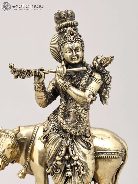 8" Superfine Lord Krishna Idol with Cow, Flute and Wood Base | Brass Statue