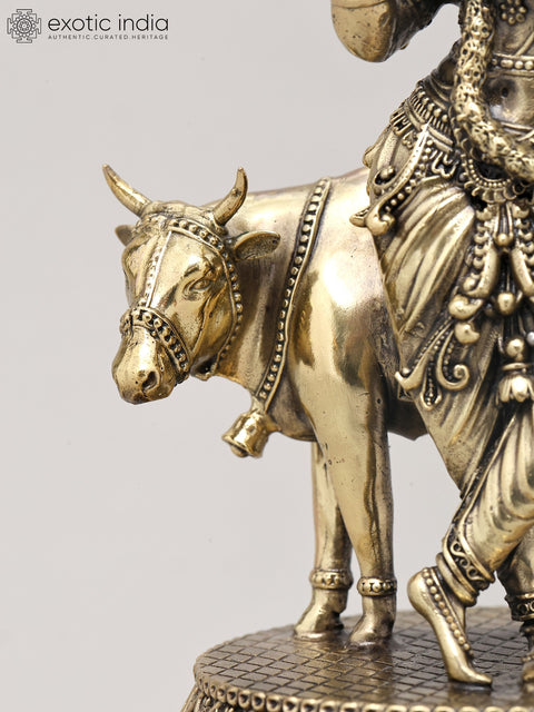 8" Superfine Lord Krishna Idol with Cow, Flute and Wood Base | Brass Statue