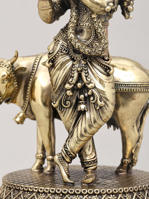8" Superfine Lord Krishna Idol with Cow, Flute and Wood Base | Brass Statue