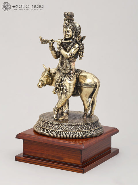 8" Superfine Lord Krishna Idol with Cow, Flute and Wood Base | Brass Statue