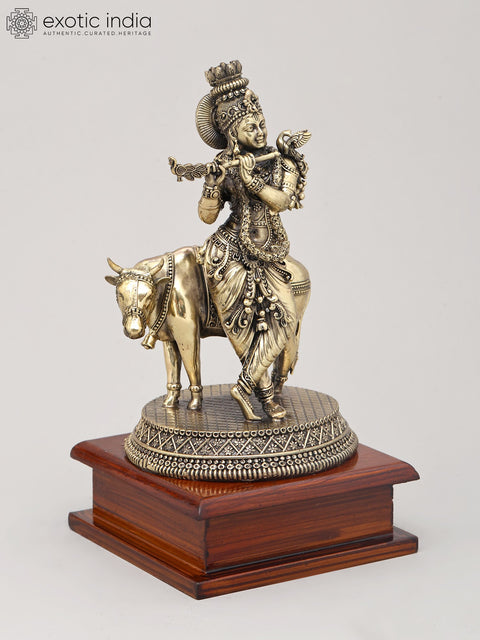 8" Superfine Lord Krishna Idol with Cow, Flute and Wood Base | Brass Statue