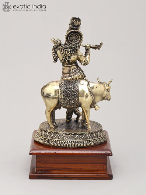 8" Superfine Lord Krishna Idol with Cow, Flute and Wood Base | Brass Statue
