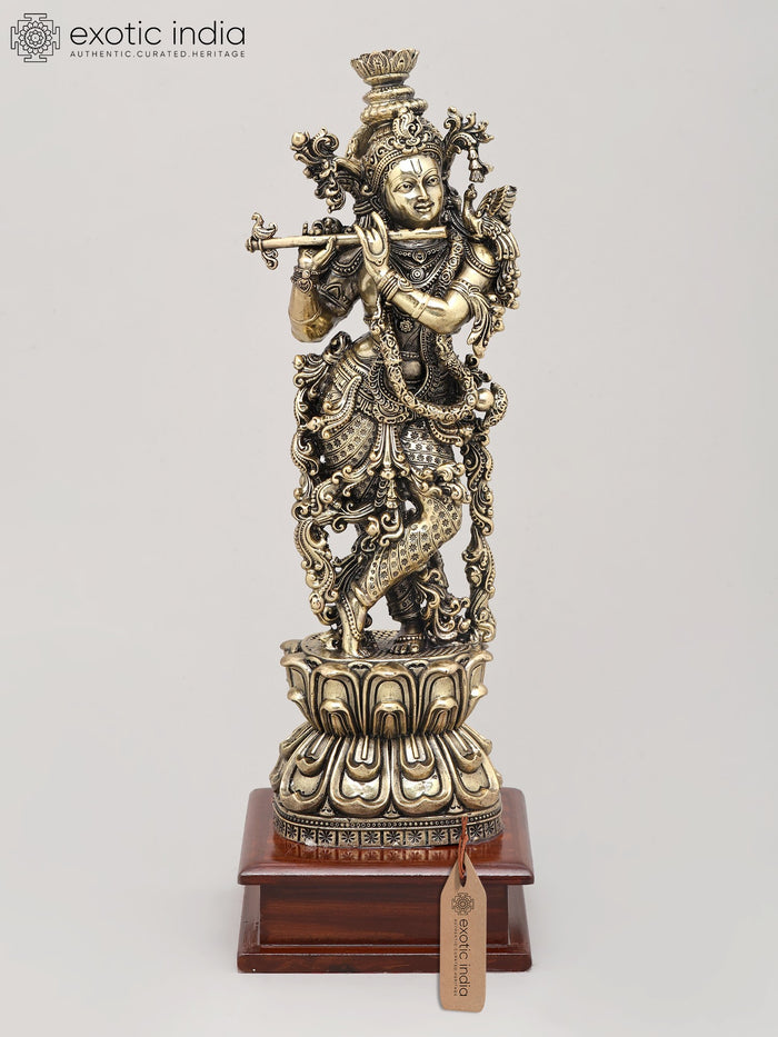 13" Handmade Lord Krishna with Flute Brass Idol Wood Base