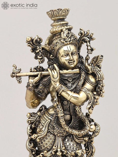 13" Superfine Lord Krishna with Flute - The Divine Musician with Wood Base | Brass Idol