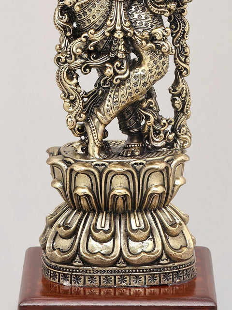 13" Superfine Lord Krishna with Flute - The Divine Musician with Wood Base | Brass Idol