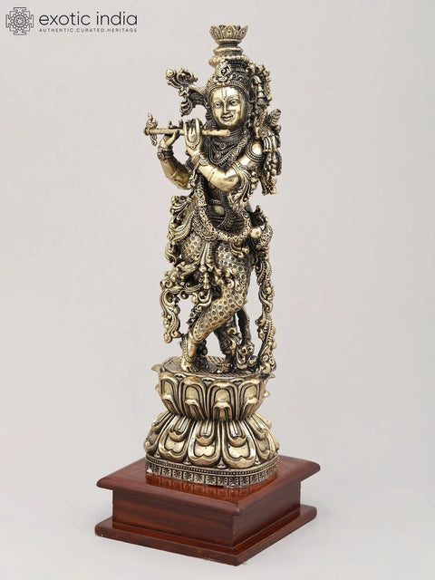 13" Superfine Lord Krishna with Flute - The Divine Musician with Wood Base | Brass Idol