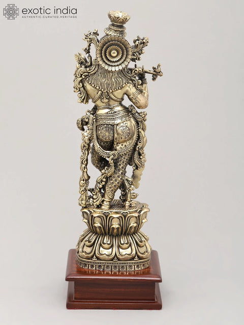 13" Superfine Lord Krishna with Flute - The Divine Musician with Wood Base | Brass Idol