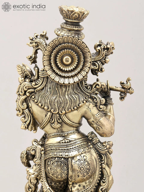13" Superfine Lord Krishna with Flute - The Divine Musician with Wood Base | Brass Idol