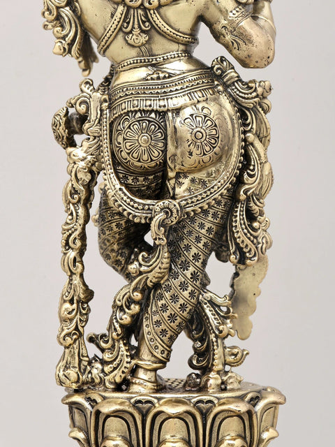 13" Superfine Lord Krishna with Flute - The Divine Musician with Wood Base | Brass Idol