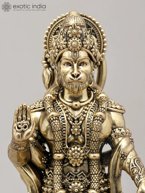 9" Superfine Idol of Lord Hanuman Standing on Wood Base with Mace | Brass Statue