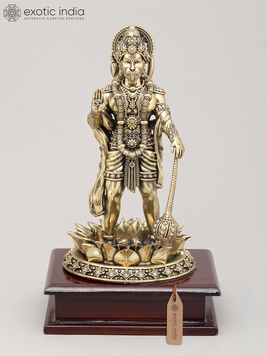 9" Handmade Brass Hanuman Idol Standing with Mace and Wood Base