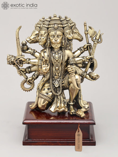 7" Ten Armed Panchamukhi Hanuman Brass Statue with Wood Base