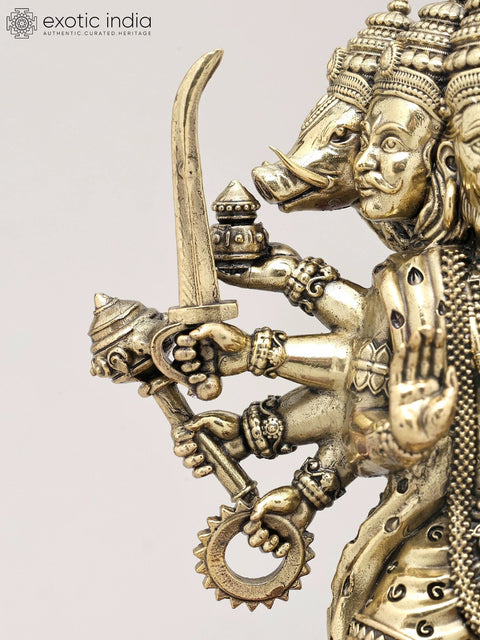 7" Superfine Ten Armed Panchamukhi Hanuman Seated on Wood Base | Brass Sculpture