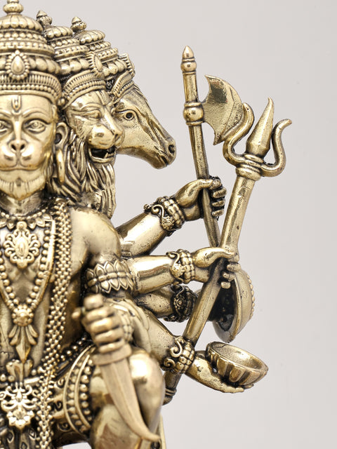 7" Superfine Ten Armed Panchamukhi Hanuman Seated on Wood Base | Brass Sculpture