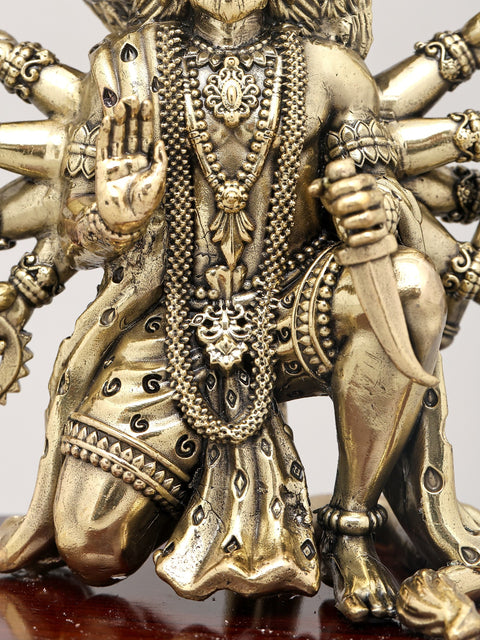7" Superfine Ten Armed Panchamukhi Hanuman Seated on Wood Base | Brass Sculpture