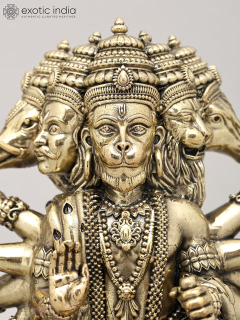 7" Superfine Ten Armed Panchamukhi Hanuman Seated on Wood Base | Brass Sculpture