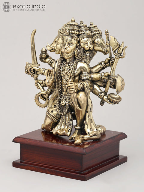 7" Superfine Ten Armed Panchamukhi Hanuman Seated on Wood Base | Brass Sculpture