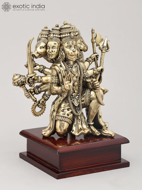 7" Superfine Ten Armed Panchamukhi Hanuman Seated on Wood Base | Brass Sculpture