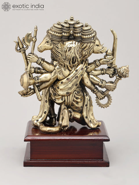 7" Superfine Ten Armed Panchamukhi Hanuman Seated on Wood Base | Brass Sculpture