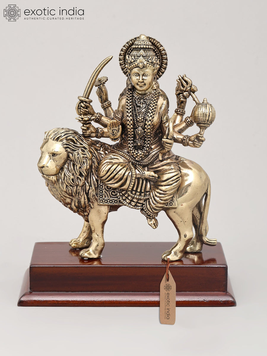 7" Ashtabhuja Durga Seated on Lion Brass Idol with Wood Base