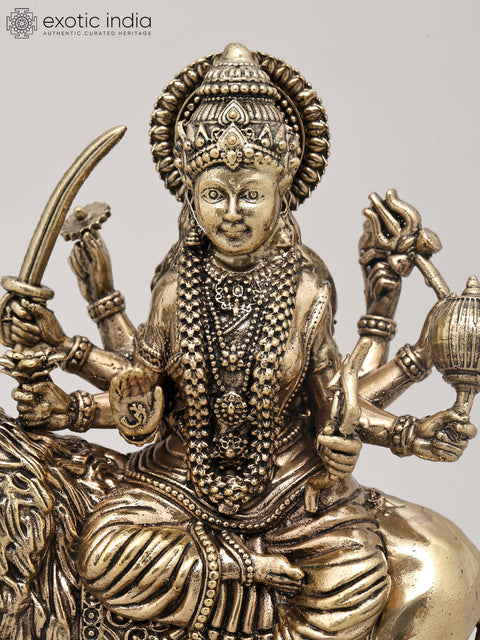 7" Superfine Ashtabhuja Goddess Durga Seated on Lion with Wood Base | Brass Idol