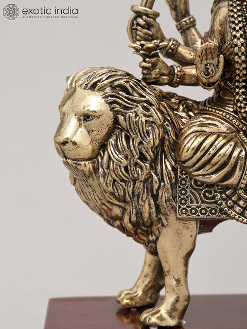 7" Superfine Ashtabhuja Goddess Durga Seated on Lion with Wood Base | Brass Idol