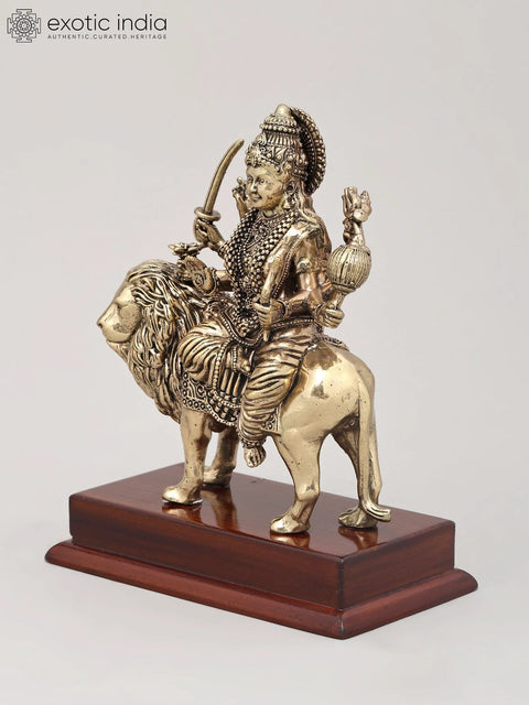 7" Superfine Ashtabhuja Goddess Durga Seated on Lion with Wood Base | Brass Idol