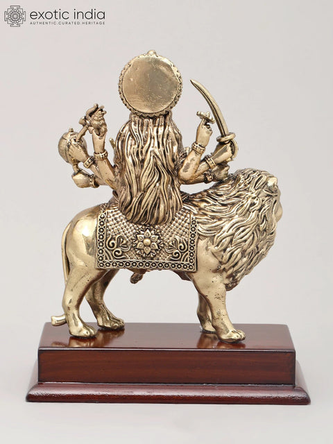 7" Superfine Ashtabhuja Goddess Durga Seated on Lion with Wood Base | Brass Idol