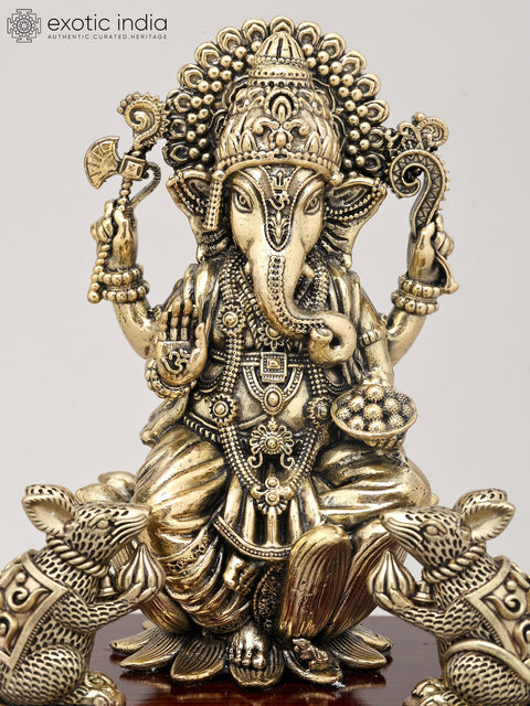 7" Superfine Four Armed Majestic Lord Ganesha with Dual Mushak on Wood Base | Brass Idol