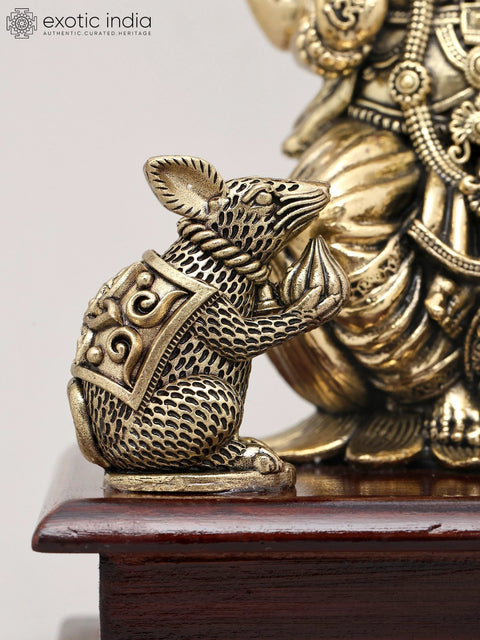 7" Superfine Four Armed Majestic Lord Ganesha with Dual Mushak on Wood Base | Brass Idol