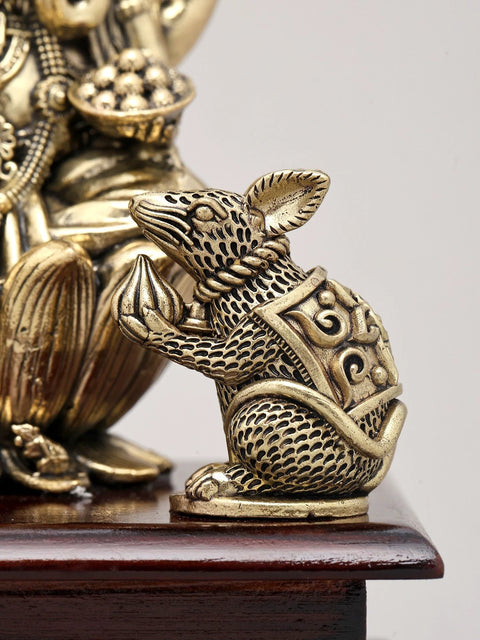 7" Superfine Four Armed Majestic Lord Ganesha with Dual Mushak on Wood Base | Brass Idol