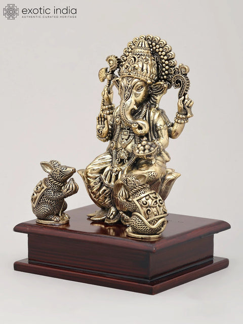 7" Superfine Four Armed Majestic Lord Ganesha with Dual Mushak on Wood Base | Brass Idol