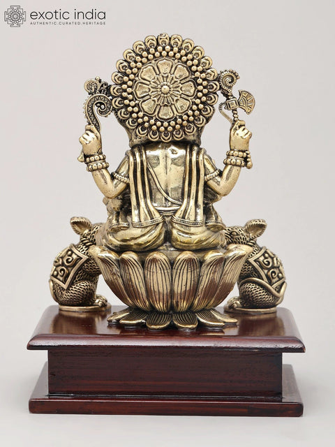 7" Superfine Four Armed Majestic Lord Ganesha with Dual Mushak on Wood Base | Brass Idol