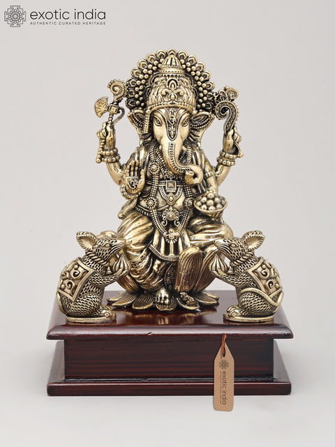 7" Superfine Four Armed Majestic Lord Ganesha with Dual Mushak on Wood Base | Brass Idol