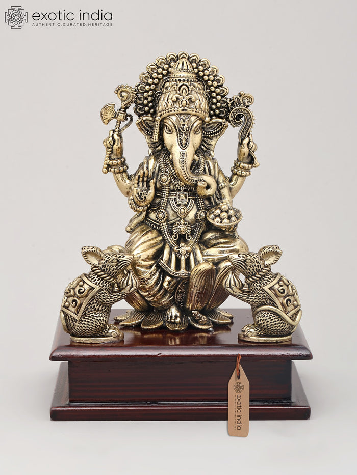 7" Four Armed Ganesha Brass Idol with Mushak and Wood Base