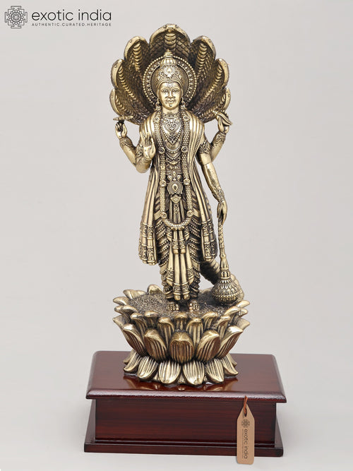 12" Brass Lord Vishnu Standing on Lotus Statue with Sheshnag Canopy