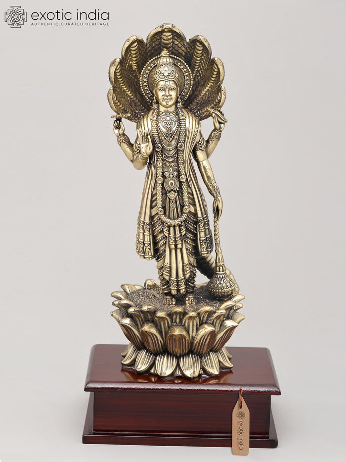 12" Superfine Lord Vishnu Standing on Lotus with Sheshnag Canopy with Wood Base | Brass Sculpture