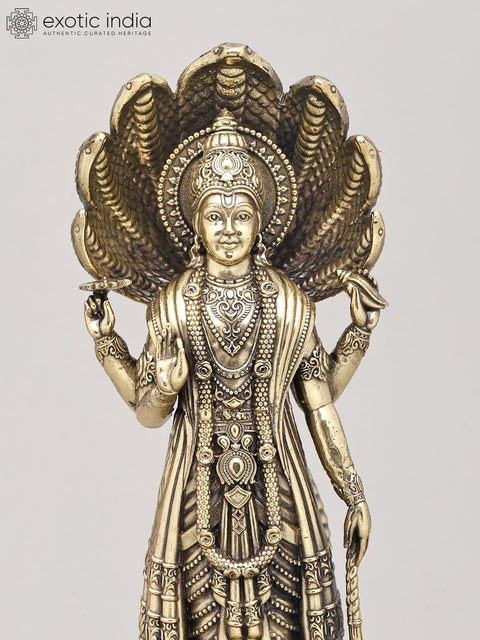 12" Superfine Lord Vishnu Standing on Lotus with Sheshnag Canopy with Wood Base | Brass Sculpture