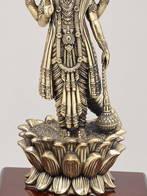 12" Superfine Lord Vishnu Standing on Lotus with Sheshnag Canopy with Wood Base | Brass Sculpture