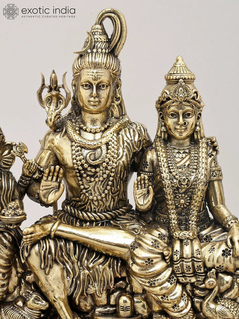 9" Superfine Shiva Family in Blessing Gesture on Wood Base | Brass Statue
