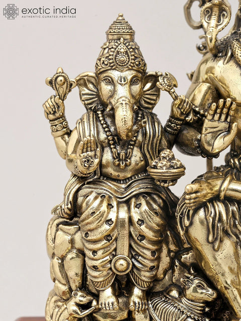 9" Superfine Shiva Family in Blessing Gesture on Wood Base | Brass Statue