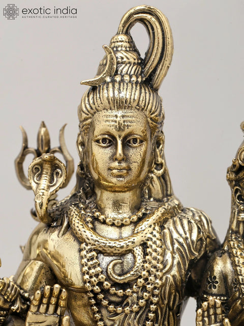 9" Superfine Shiva Family in Blessing Gesture on Wood Base | Brass Statue