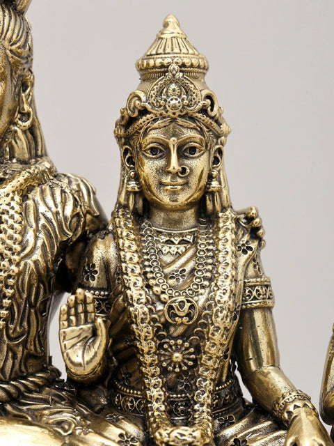 9" Superfine Shiva Family in Blessing Gesture on Wood Base | Brass Statue