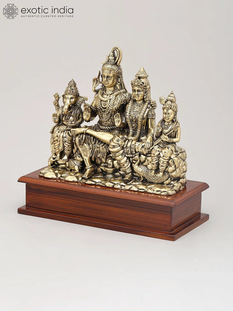 9" Superfine Shiva Family in Blessing Gesture on Wood Base | Brass Statue
