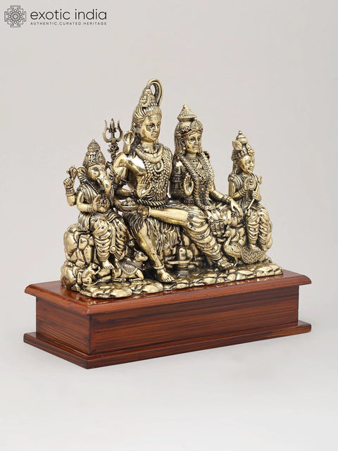 9" Superfine Shiva Family in Blessing Gesture on Wood Base | Brass Statue